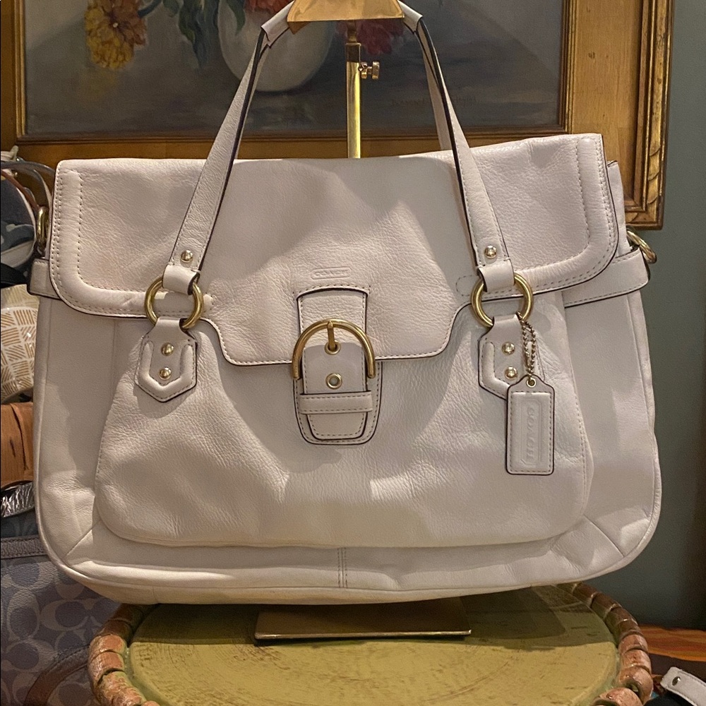 Coach Campbell White Eva Flap satchel leather with gold-tone hardware.